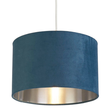 Avelena | Teal Blue Velvet Vintage Easy Fit Drum Shade mit Silber Innenseite 28cm