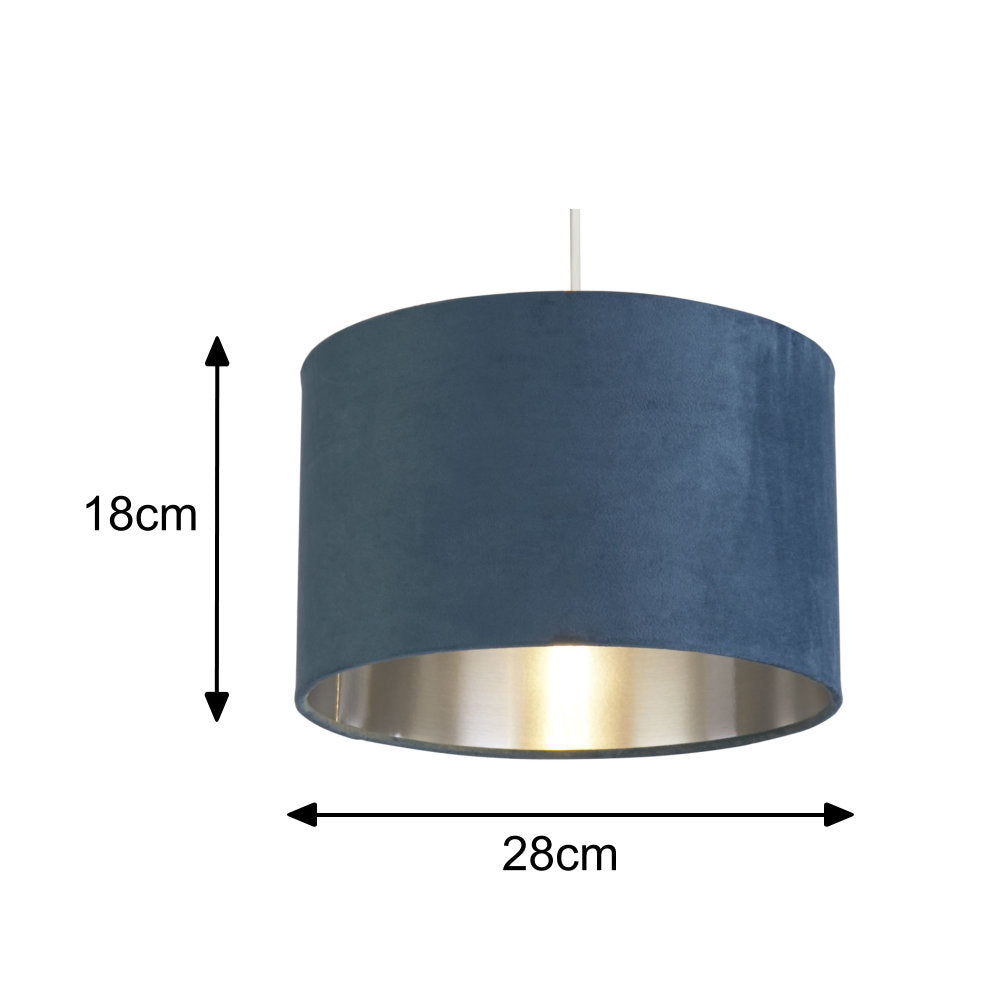 Avelena | Teal Blue Velvet Vintage Easy Fit Drum Shade mit Silber Innenseite 28cm