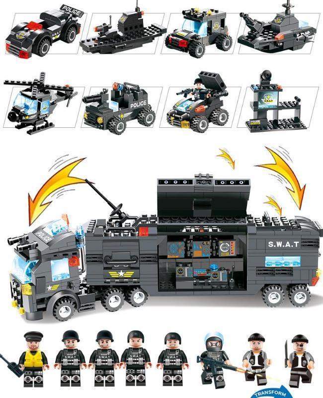 Avelena | 8 IN 1 Stadtpolizei Lkw Station Bauklötze Serie SWAT Spielzeug Geschenk Für Kinder