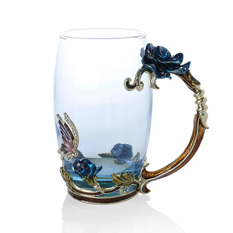 Avelena | Handgefertigte Emaille Kaffeetassen Rosen-Glas Teetasse mit Stahllöffel Luxus Einzigartige Geschenke für Hochzeit Valentinstag Geburtstagsgeschenke