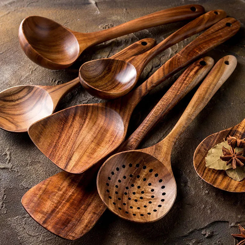 Avelena | TeakChef 7-teiliges Küchengeräteset – Premium Teak Küchenwerkzeuge für Stil &amp; Funktionalität