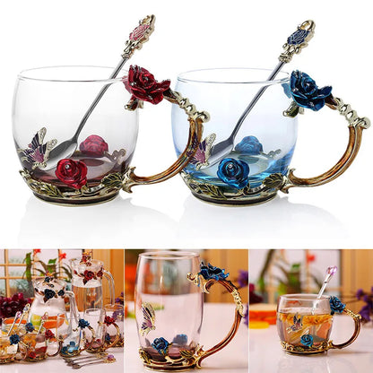 Avelena | Handgefertigte Emaille Kaffeetassen Rosen-Glas Teetasse mit Stahllöffel Luxus Einzigartige Geschenke für Hochzeit Valentinstag Geburtstagsgeschenke