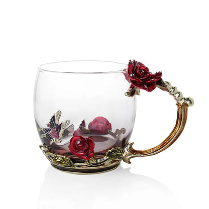 Avelena | Handgefertigte Emaille Kaffeetassen Rosen-Glas Teetasse mit Stahllöffel Luxus Einzigartige Geschenke für Hochzeit Valentinstag Geburtstagsgeschenke