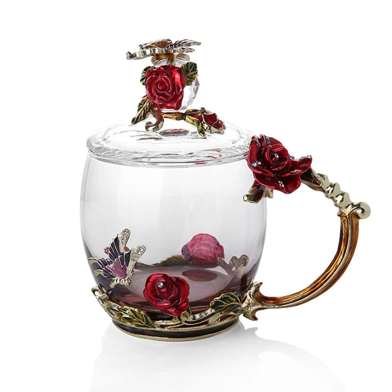 Avelena | Handgefertigte Emaille Kaffeetassen Rosen-Glas Teetasse mit Stahllöffel Luxus Einzigartige Geschenke für Hochzeit Valentinstag Geburtstagsgeschenke