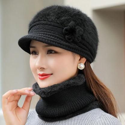 Avelena | Damen Wintermütze & Schal Set - Futtergefütterte Strickmütze mit Falschem Pelzblume
