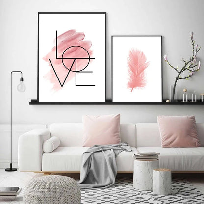 Avelena | Blush Pink Love Feather Wandkunst Feine Kunst Leinwanddruck Minimalistische Modebilder für Wohnzimmer Mädchen Schlafzimmer Mode Kunst Dekor