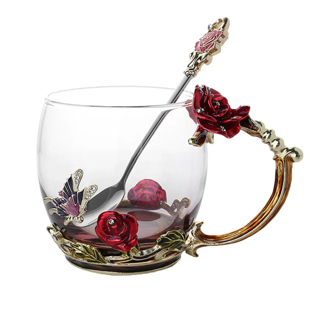 Avelena | Handgefertigte Emaille Kaffeetassen Rosen-Glas Teetasse mit Stahllöffel Luxus Einzigartige Geschenke für Hochzeit Valentinstag Geburtstagsgeschenke