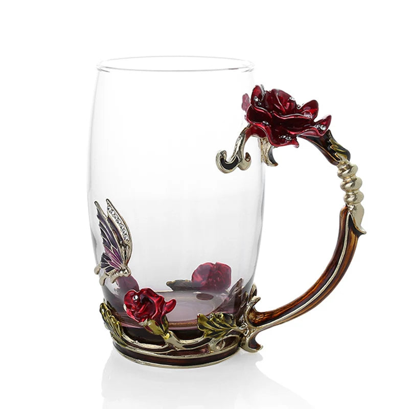 Avelena | Handgefertigte Emaille Kaffeetassen Rosen-Glas Teetasse mit Stahllöffel Luxus Einzigartige Geschenke für Hochzeit Valentinstag Geburtstagsgeschenke
