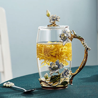 Avelena | Handgefertigte Emaille-Blumen-Glasmugge für Paare Liebesgeschenk kann Kaffee, aromatisierten Tee oder sogar Zitronensaft servieren in