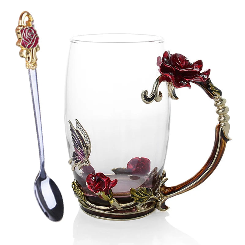 Avelena | Handgefertigte Emaille Kaffeetassen Rosen-Glas Teetasse mit Stahllöffel Luxus Einzigartige Geschenke für Hochzeit Valentinstag Geburtstagsgeschenke