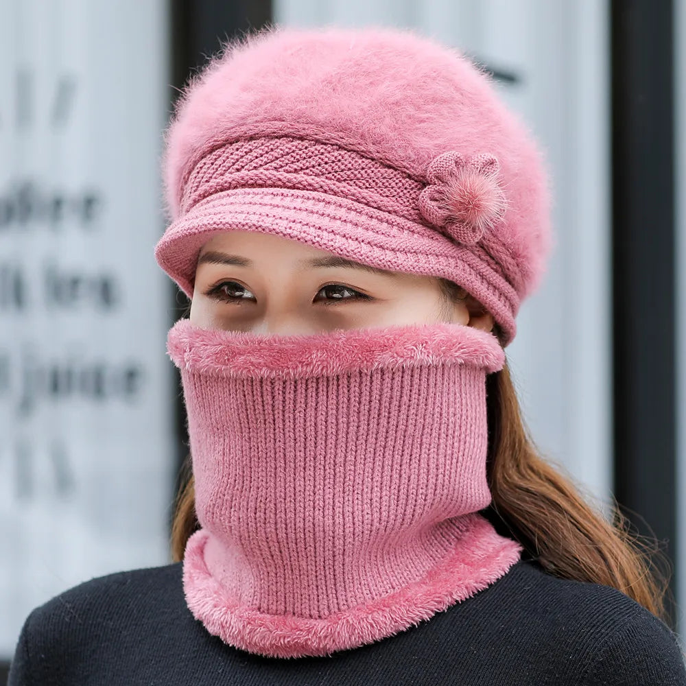 Avelena | Damen Wintermütze & Schal Set - Futtergefütterte Strickmütze mit Falschem Pelzblume