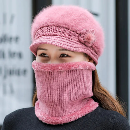 Avelena | Damen Wintermütze & Schal Set - Futtergefütterte Strickmütze mit Falschem Pelzblume