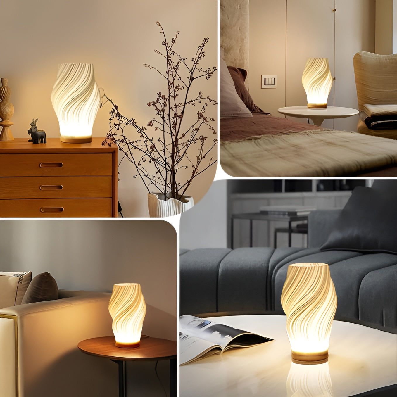 Avelena | DreamWave - Moderne cremefarbene 3D-Wellenlampe mit elegantem Metallsockel