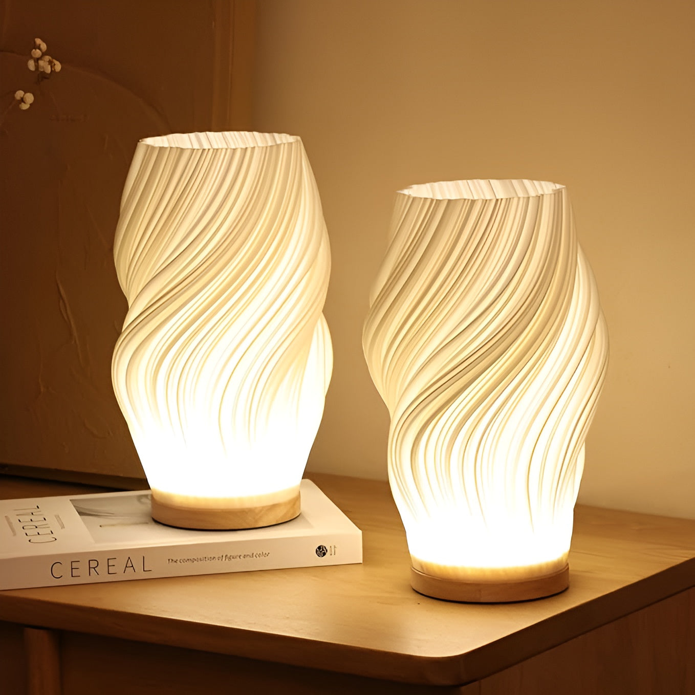 Avelena | DreamWave - Moderne cremefarbene 3D-Wellenlampe mit elegantem Metallsockel