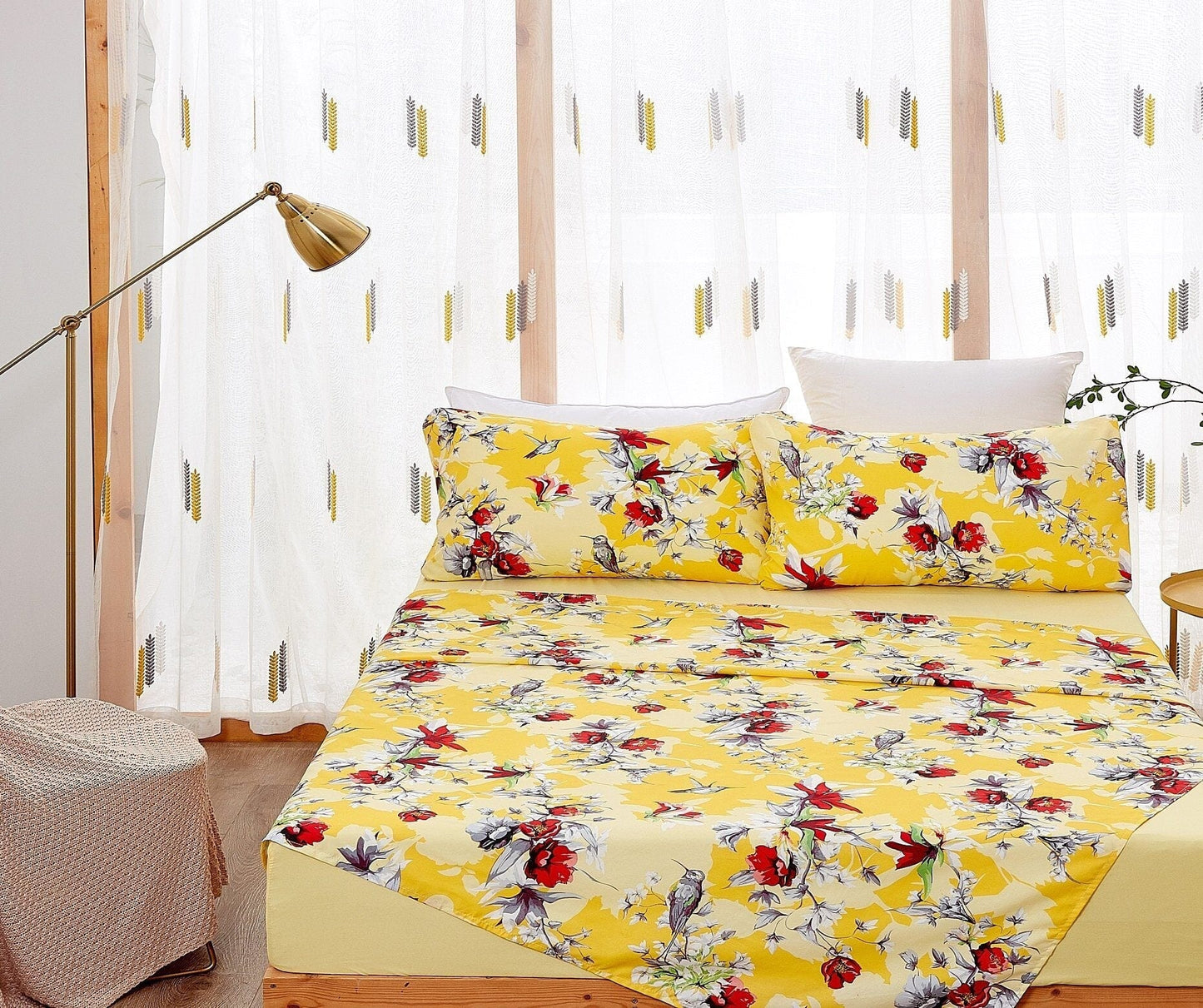 Avelena | Sonnenblume Gelb Kolibri Floral Fitted & Flat Bettwäsche Set