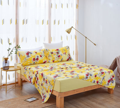 Avelena | Sonnenblume Gelb Kolibri Floral Fitted & Flat Bettwäsche Set