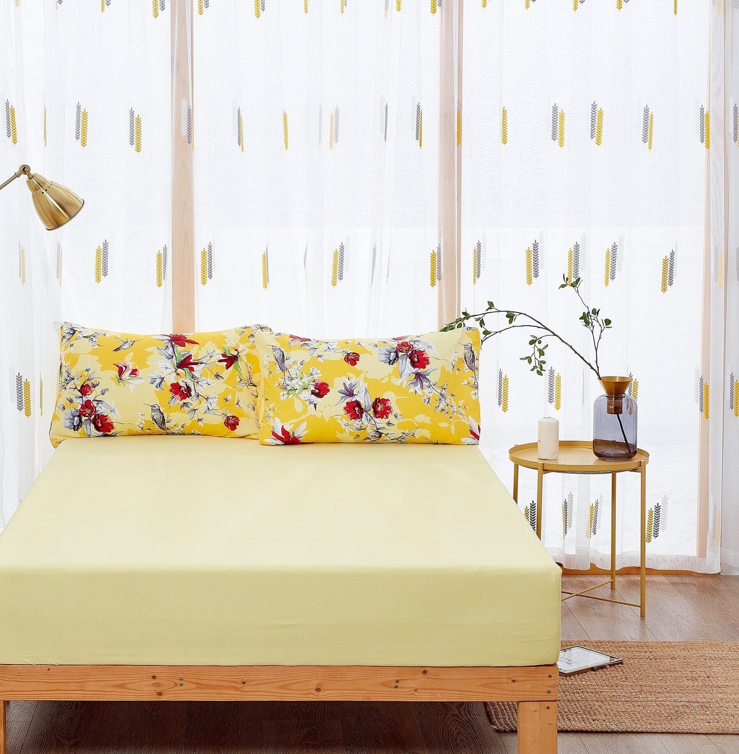 Avelena | Sonnenblume Gelb Kolibri Floral Fitted & Flat Bettwäsche Set