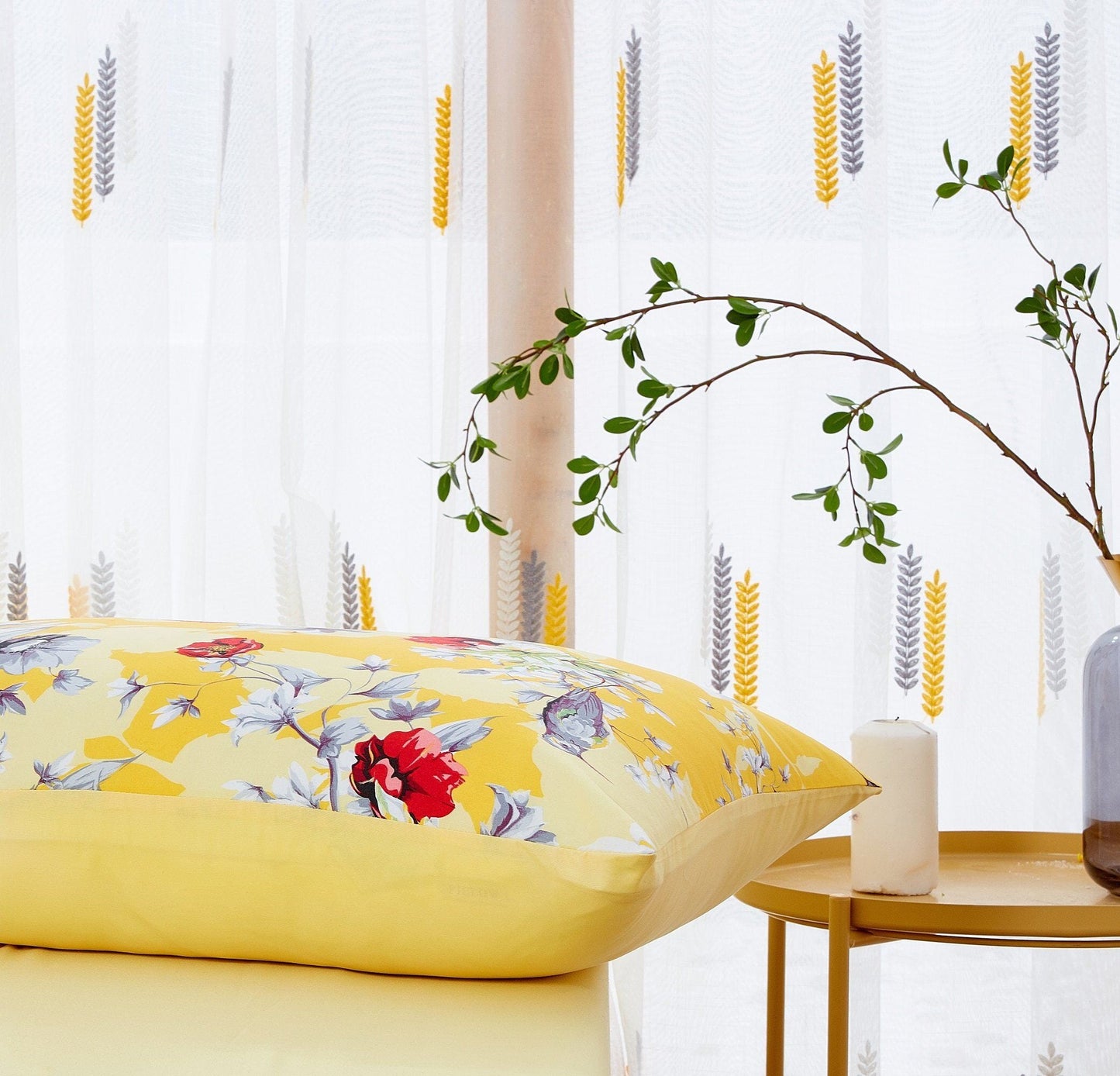 Avelena | Sonnenblume Gelb Kolibri Floral Fitted & Flat Bettwäsche Set