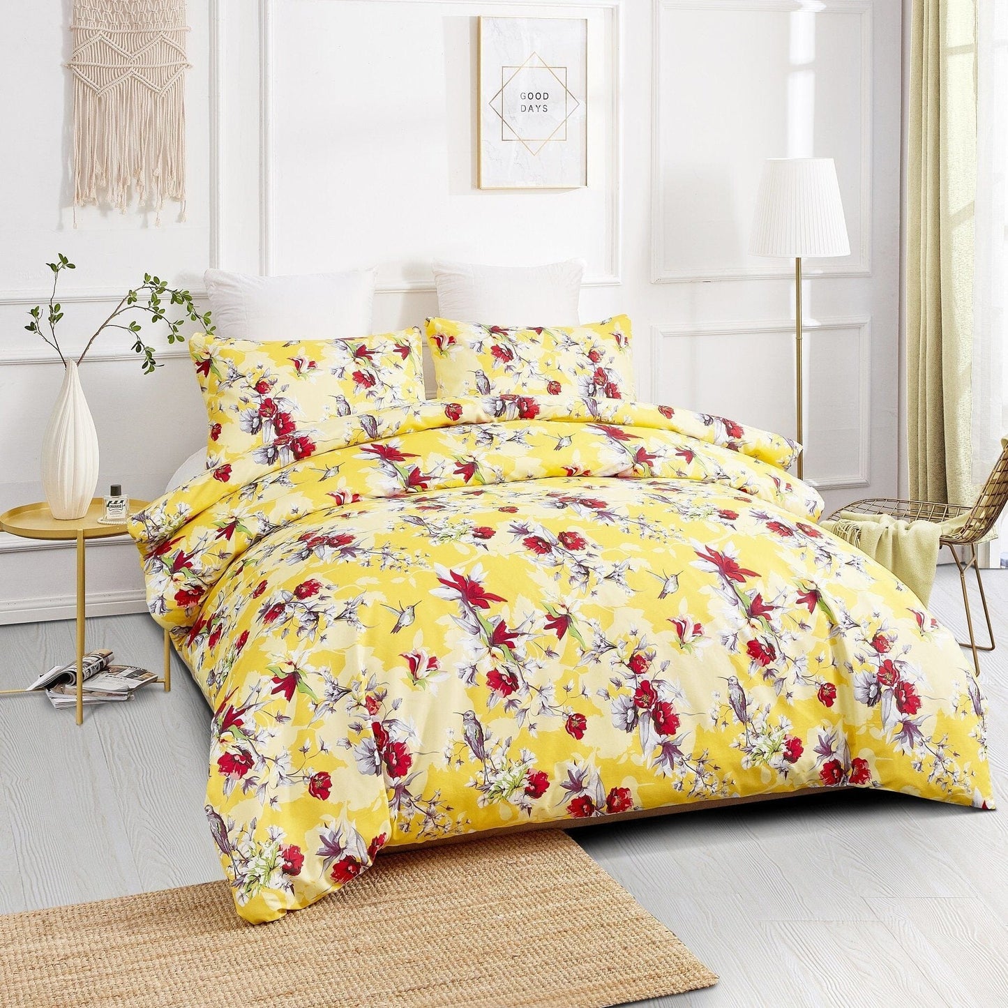 Avelena | Sonnenblume Gelb Kolibri Blumen Bettwäsche Set mit Kissenbezügen