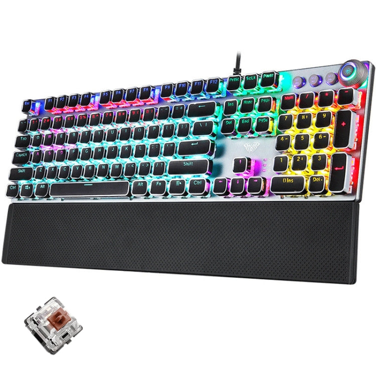 Avelena | AULA F2088 108 Tasten Mixed Light Plating Punk Mechanisch Brauner Schalter Verkabelte USB Gaming-Tastatur mit Metallknopf (Silber)