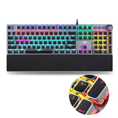 Avelena | AULA F2088 108 Tasten Mixed Light Plating Punk Mechanisch Brauner Schalter Verkabelte USB Gaming-Tastatur mit Metallknopf (Silber)