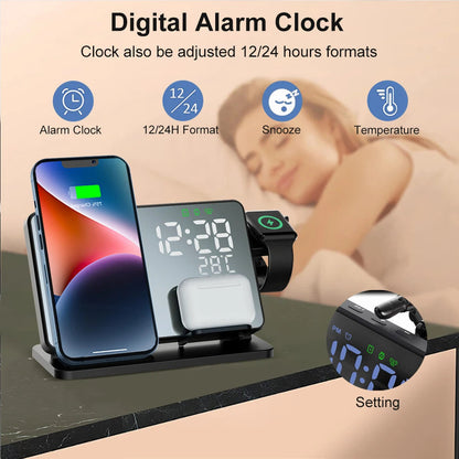 Avelena | 3-In-1 Schnelllade-Station Premium Drahtloses Fast Charging Dockingstation mit Wecker für Apple Iphone, Watch & Airpods
