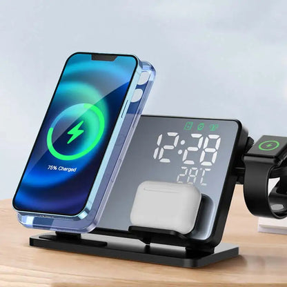 Avelena | 3-In-1 Schnelllade-Station Premium Drahtloses Fast Charging Dockingstation mit Wecker für Apple Iphone, Watch & Airpods
