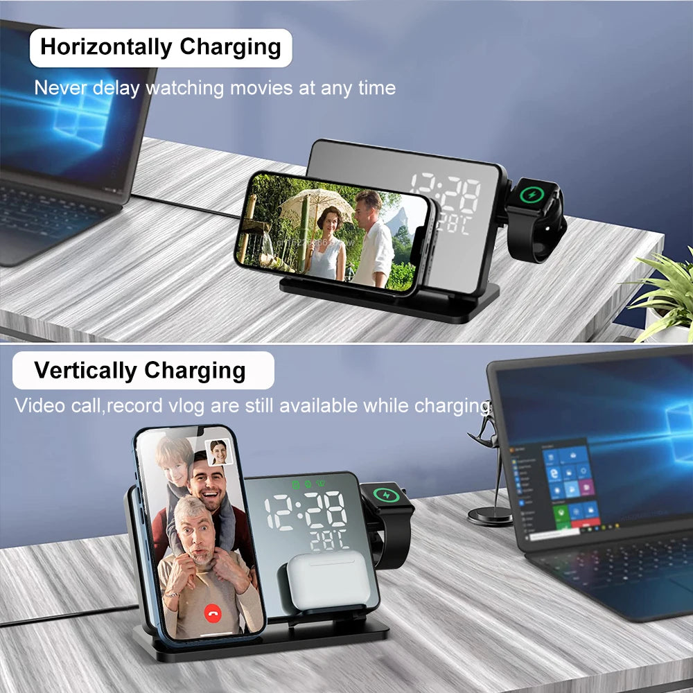 Avelena | 3-In-1 Schnelllade-Station Premium Drahtloses Fast Charging Dockingstation mit Wecker für Apple Iphone, Watch & Airpods