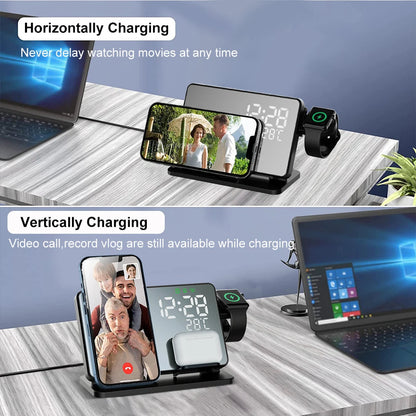 Avelena | 3-In-1 Schnelllade-Station Premium Drahtloses Fast Charging Dockingstation mit Wecker für Apple Iphone, Watch & Airpods