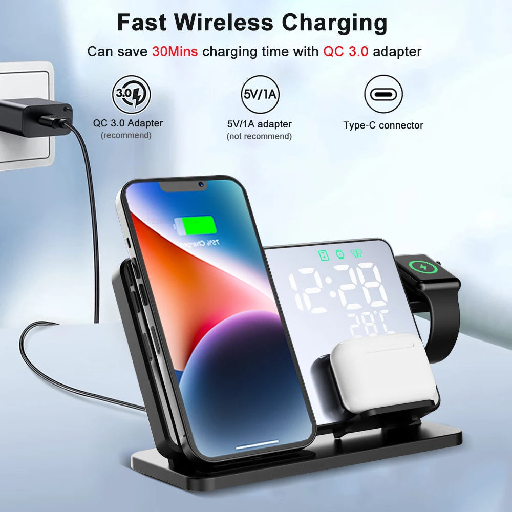 Avelena | 3-In-1 Schnelllade-Station Premium Drahtloses Fast Charging Dockingstation mit Wecker für Apple Iphone, Watch & Airpods