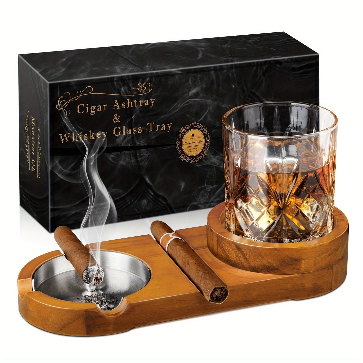 Avelena | CigarOak Aschenbecher mit Whiskeyhalter – Luxuriertes Holztablett für Zigarrenliebhaber