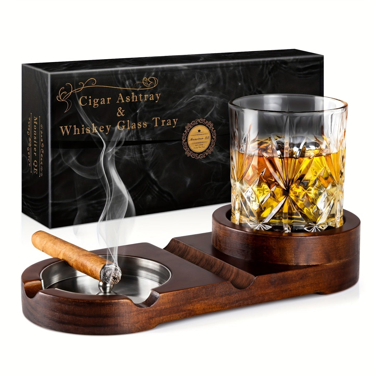 Avelena | CigarOak Aschenbecher mit Whiskeyhalter – Luxuriertes Holztablett für Zigarrenliebhaber