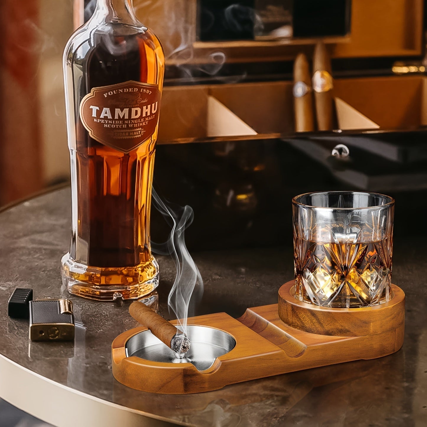 Avelena | CigarOak Aschenbecher mit Whiskeyhalter – Luxuriertes Holztablett für Zigarrenliebhaber
