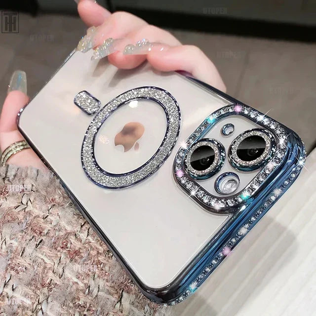 Avelena | Luxus Kristall Diamant Klar Hülle für iPhone 15 11 12 13 14 Pro Max Plus Bling Glitzer Magsafe Magnetisch Drahtloses Ladecover