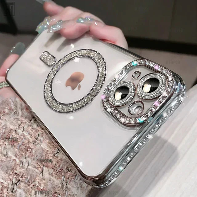 Avelena | Luxus Kristall Diamant Klar Hülle für iPhone 15 11 12 13 14 Pro Max Plus Bling Glitzer Magsafe Magnetisch Drahtloses Ladecover