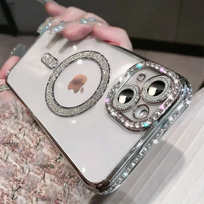 Avelena | Luxus Kristall Diamant Klar Hülle für iPhone 15 11 12 13 14 Pro Max Plus Bling Glitzer Magsafe Magnetisch Drahtloses Ladecover