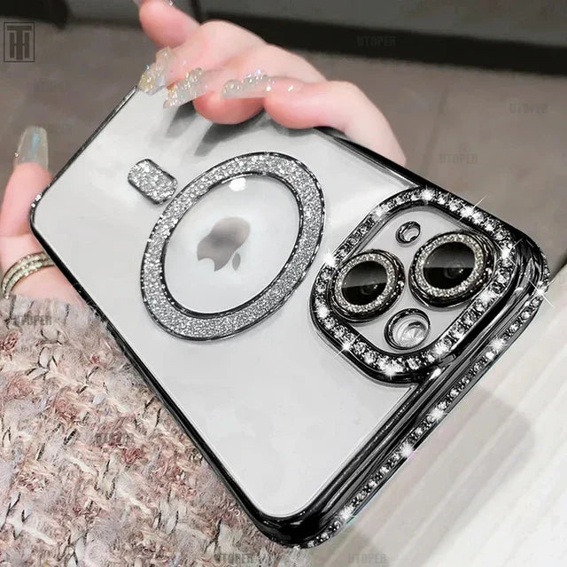 Avelena | Luxus Kristall Diamant Klar Hülle für iPhone 15 11 12 13 14 Pro Max Plus Bling Glitzer Magsafe Magnetisch Drahtloses Ladecover