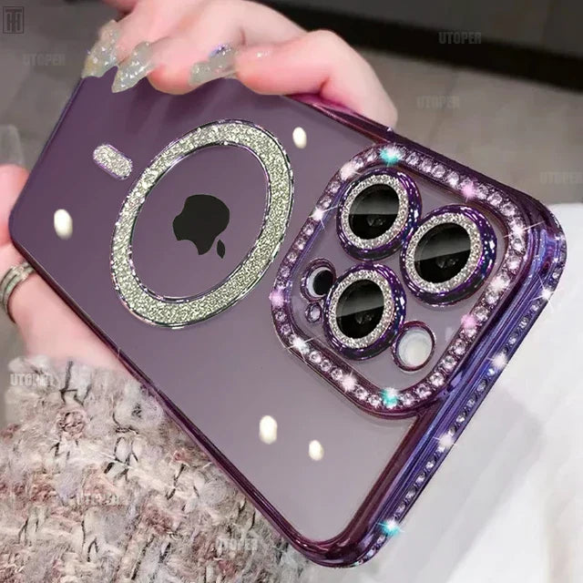 Avelena | Luxus Kristall Diamant Klar Hülle für iPhone 15 11 12 13 14 Pro Max Plus Bling Glitzer Magsafe Magnetisch Drahtloses Ladecover