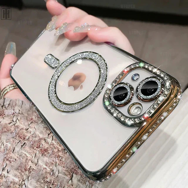 Avelena | Luxus Kristall Diamant Klar Hülle für iPhone 15 11 12 13 14 Pro Max Plus Bling Glitzer Magsafe Magnetisch Drahtloses Ladecover