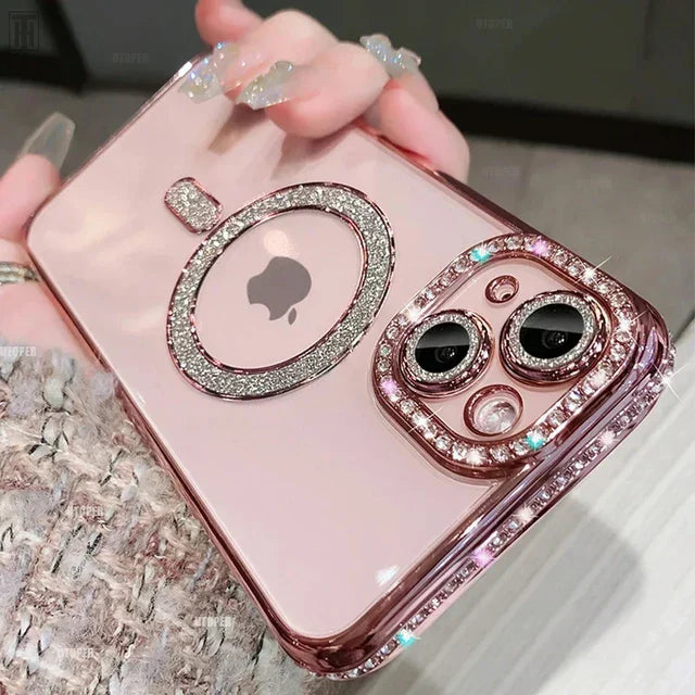 Avelena | Luxus Kristall Diamant Klar Hülle für iPhone 15 11 12 13 14 Pro Max Plus Bling Glitzer Magsafe Magnetisch Drahtloses Ladecover