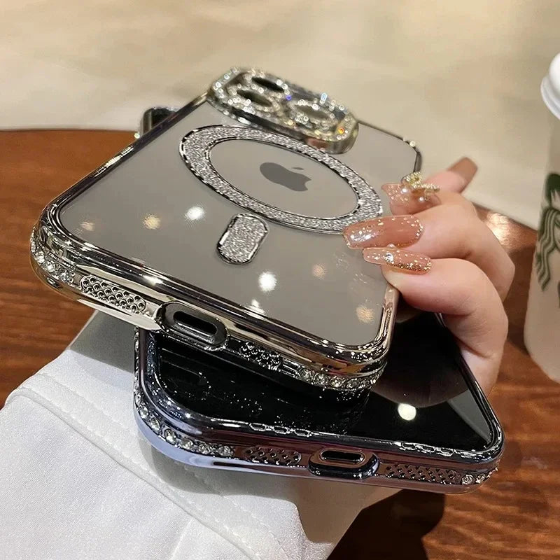 Avelena | Luxus Kristall Diamant Klar Hülle für iPhone 15 11 12 13 14 Pro Max Plus Bling Glitzer Magsafe Magnetisch Drahtloses Ladecover