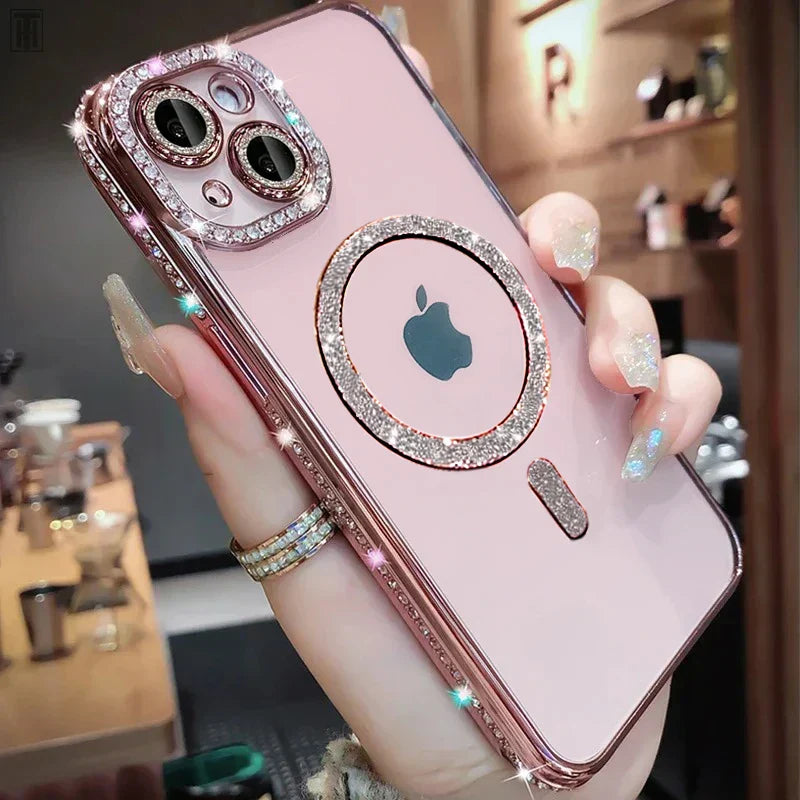 Avelena | Luxus Kristall Diamant Klar Hülle für iPhone 15 11 12 13 14 Pro Max Plus Bling Glitzer Magsafe Magnetisch Drahtloses Ladecover