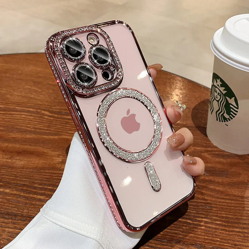 Avelena | Luxus Kristall Diamant Klar Hülle für iPhone 15 11 12 13 14 Pro Max Plus Bling Glitzer Magsafe Magnetisch Drahtloses Ladecover