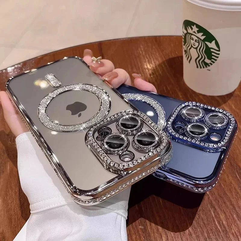 Avelena | Luxus Kristall Diamant Klar Hülle für iPhone 15 11 12 13 14 Pro Max Plus Bling Glitzer Magsafe Magnetisch Drahtloses Ladecover