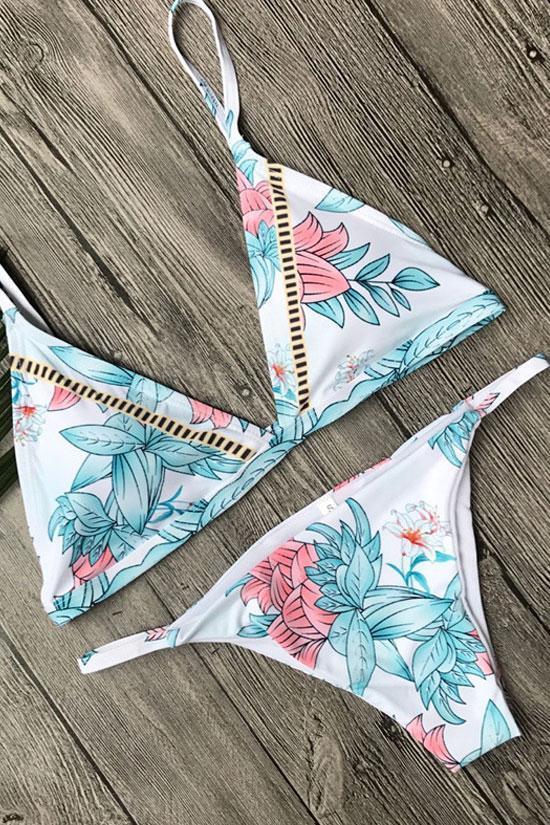 Avelena | Neuer Tropischer Blatt Dreieck Brasilianischer Schnur Bikini Badeanzug In Weiß. Mc