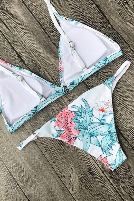 Avelena | Neuer Tropischer Blatt Dreieck Brasilianischer Schnur Bikini Badeanzug In Weiß. Mc
