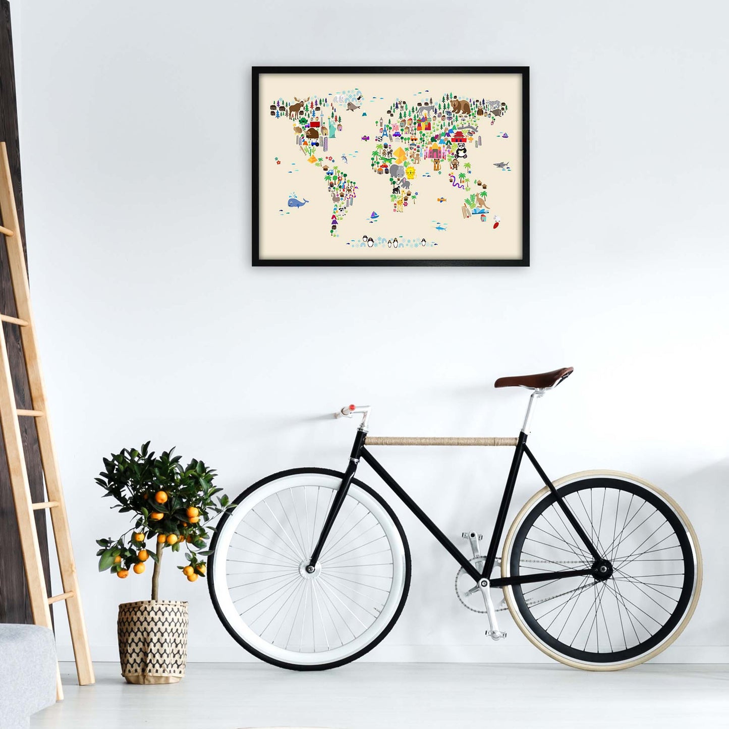 Avelena | Tierkarte in der Welt Beige Kunstdruck