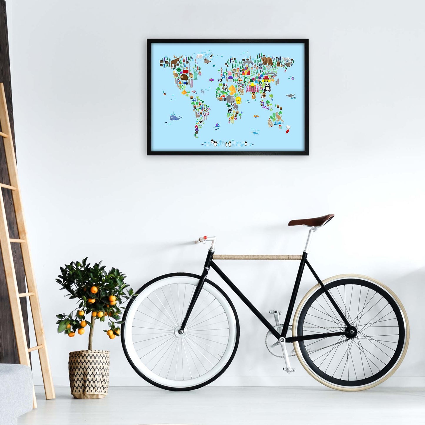 Avelena | Tierkarte der Welt Blau Kunstdruck