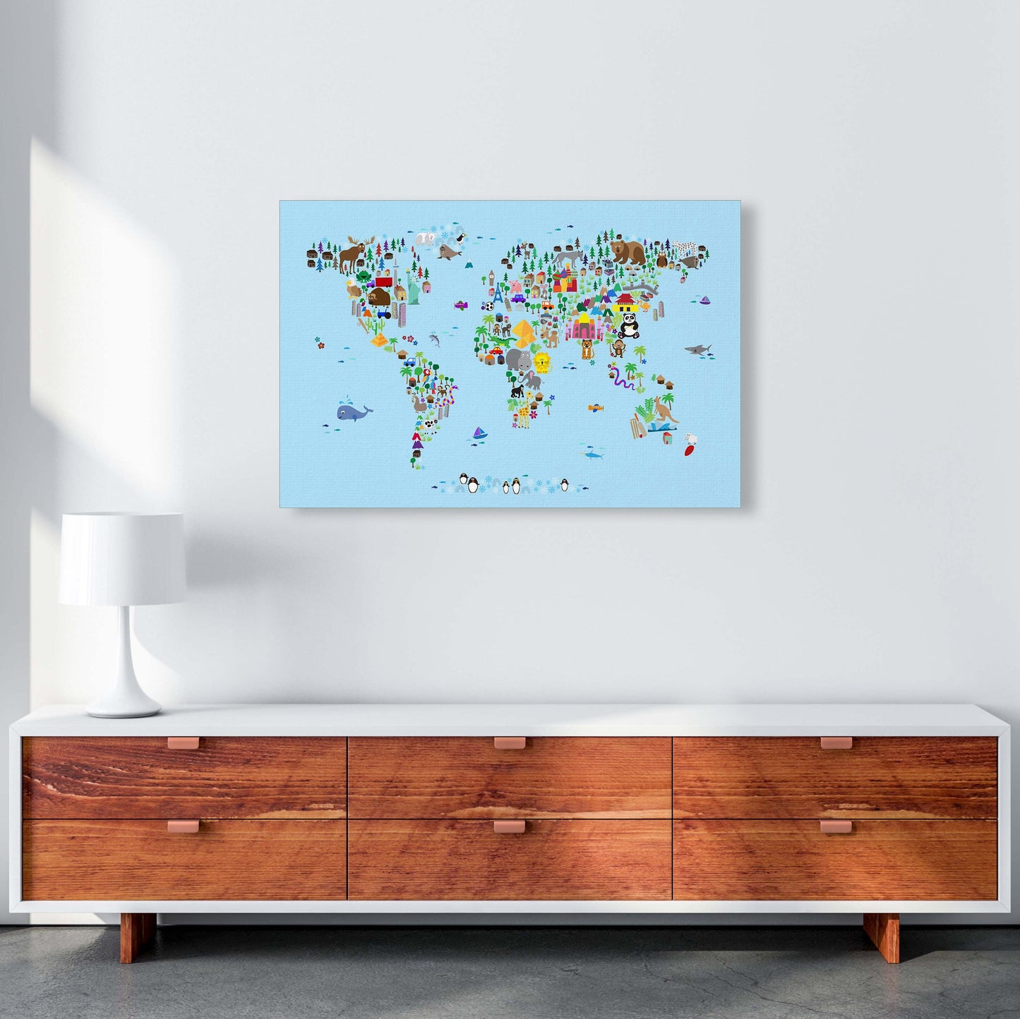Avelena | Tierkarte der Welt Blau Kunstdruck