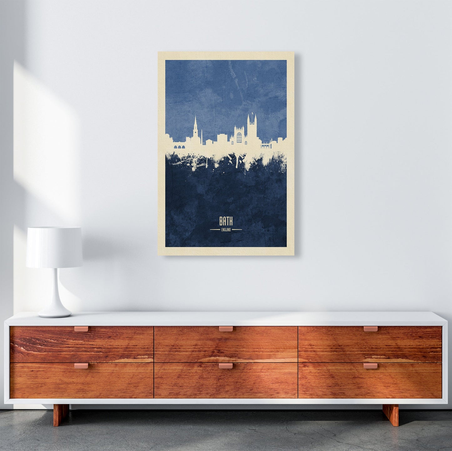 Avelena | Bad England Skyline Porträt Navy Kunstdruck von Michael Tompsett